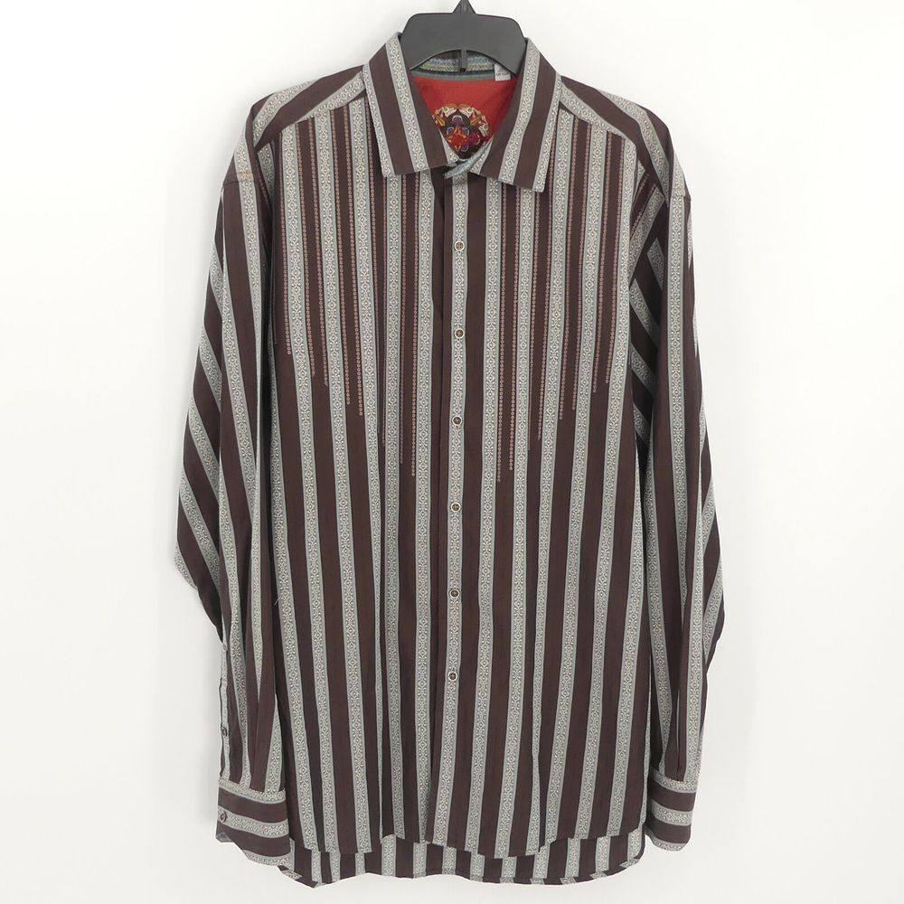 Robert Graham Button Up Long Sleeve Shirt‎ Flip Cuff Brown Striped 2XL